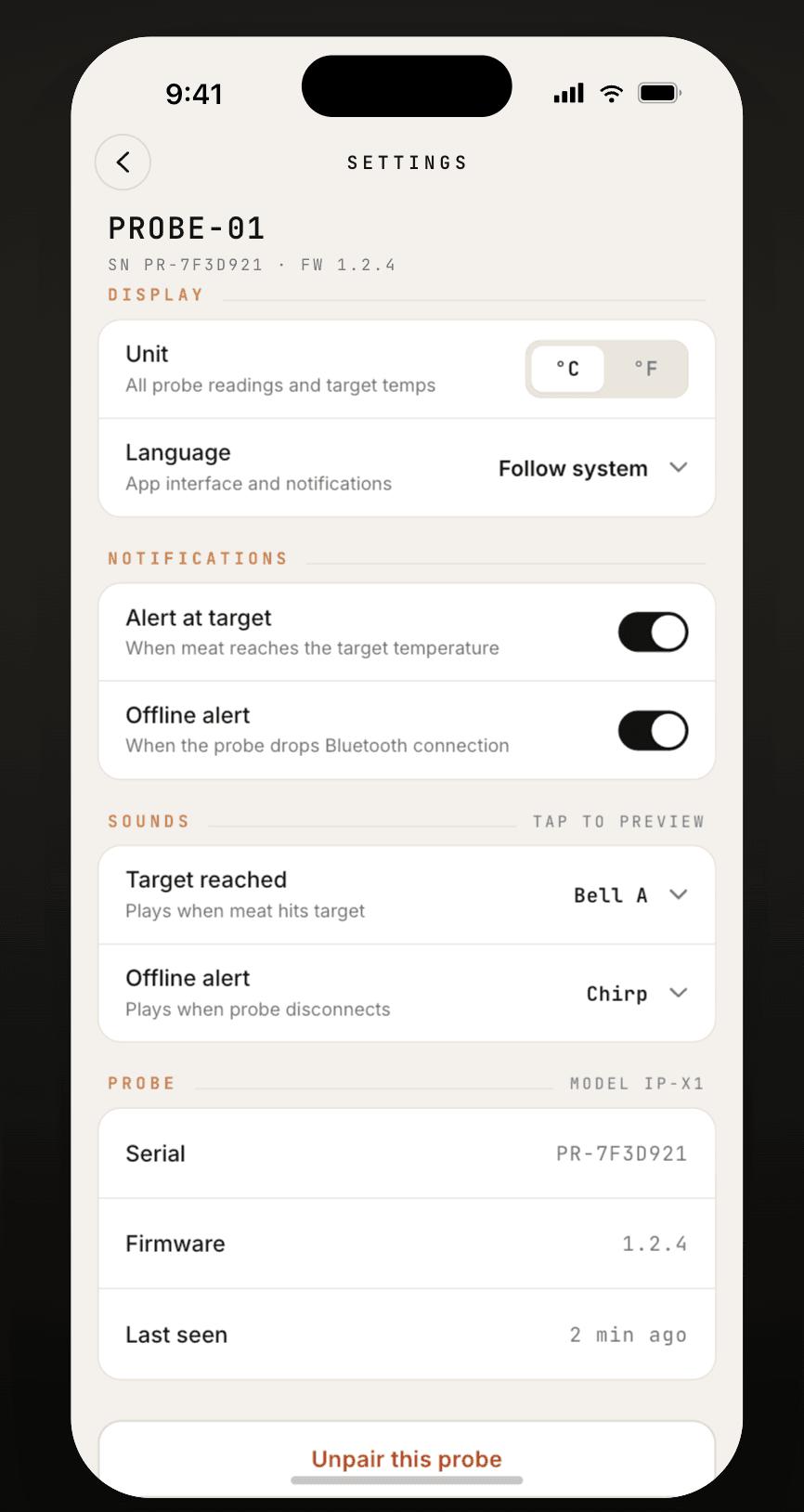InfiniteProbe app settings and alerts screen